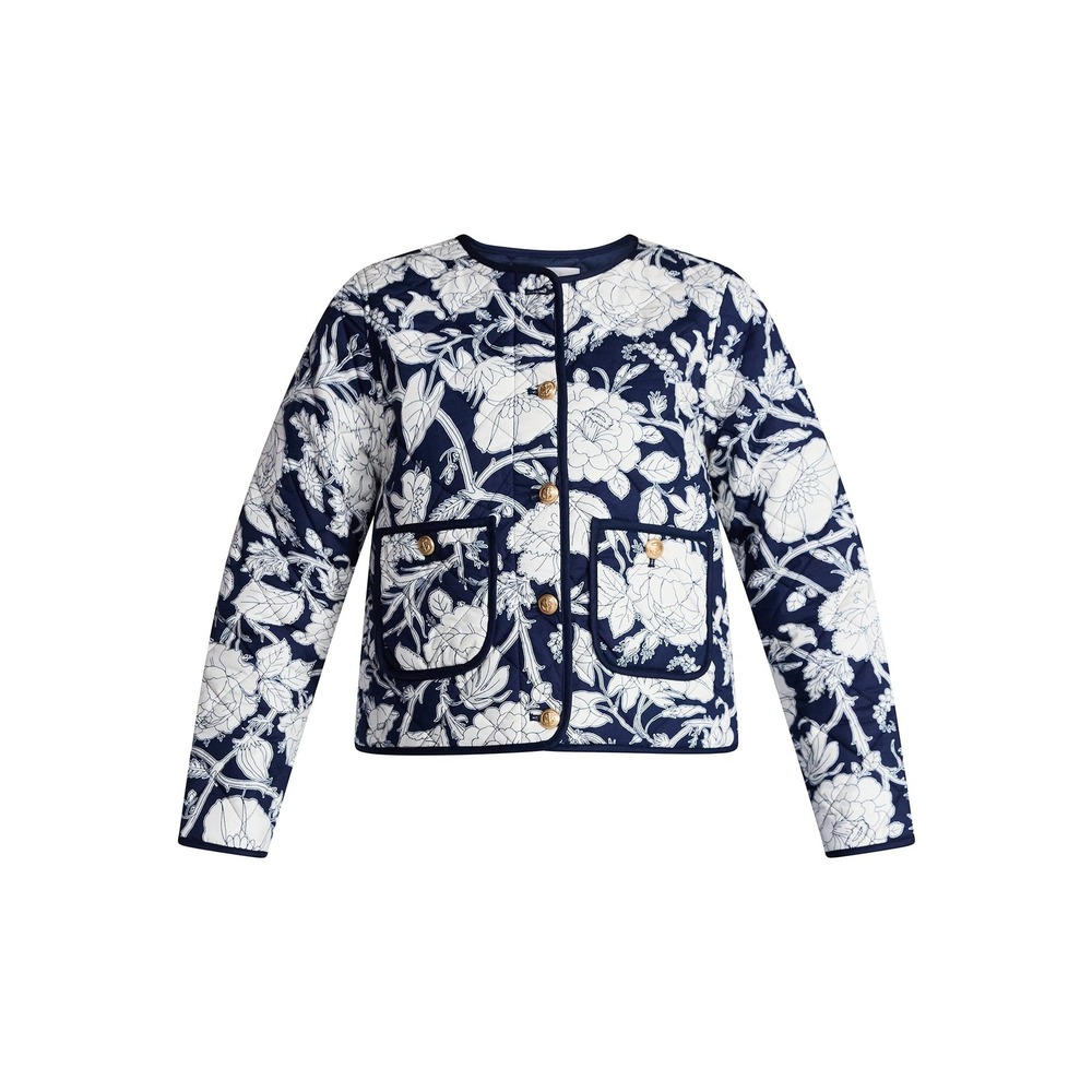 Time Tru Quilted Jacket Women Navy White Floral Toile‎ Gold Button Crewneck